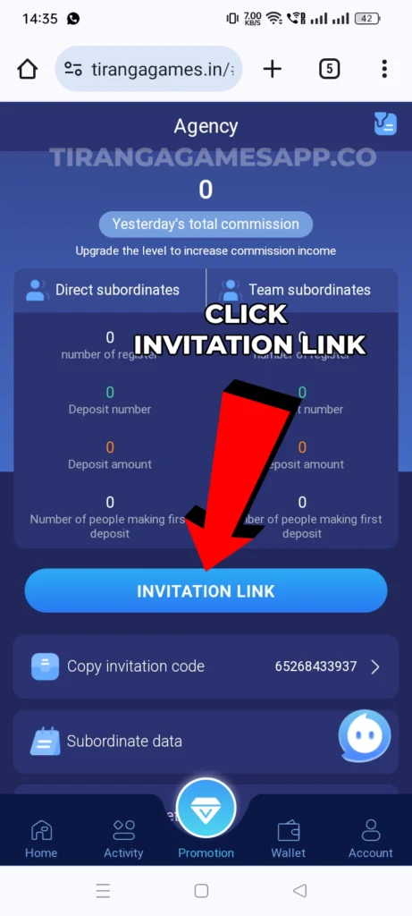 Generating a referral link in the Tiranga Game.