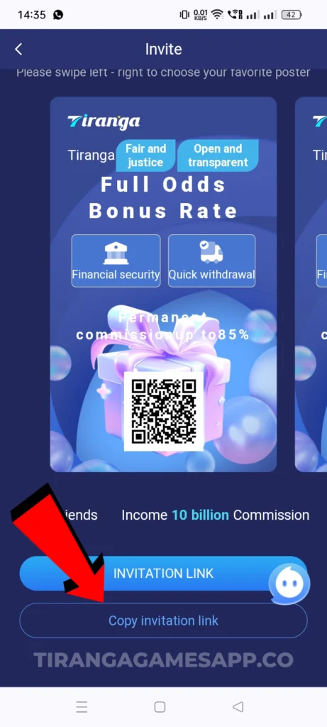 Copying and sharing a Tiranga Game referral link.