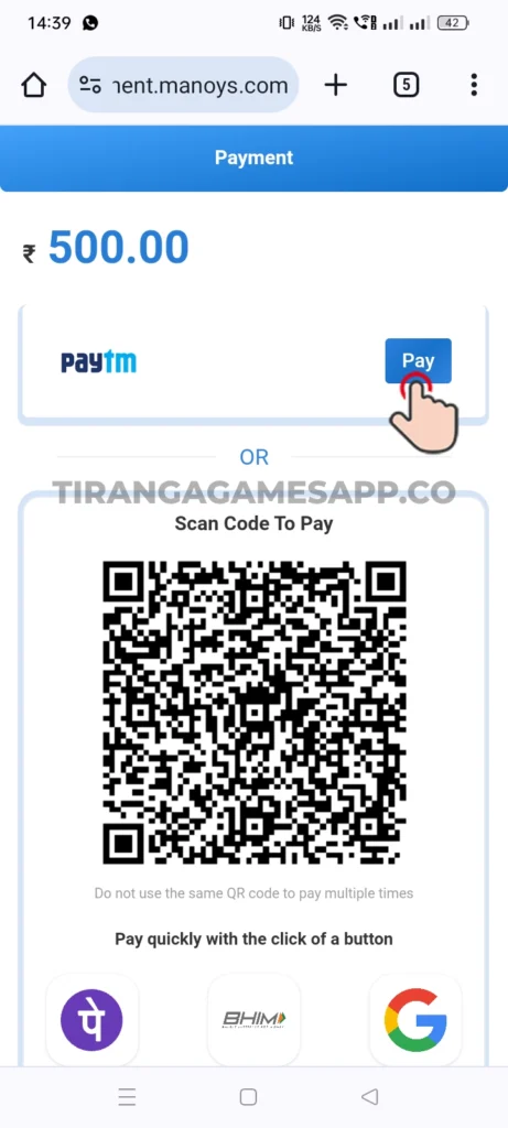 ayment options displayed in the Tiranga Game, including UPI, GPay, and PhonePe.