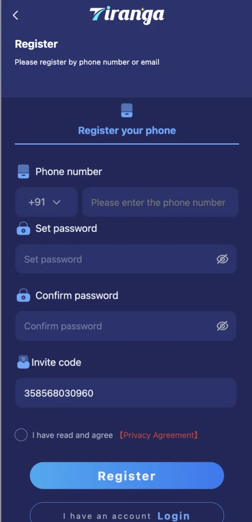 Tiranga register screen with phone, password, confirm, invite code, privacy checkbox.