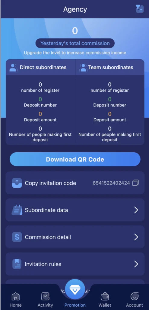 Promotion/Agency panel with QR and invite code.