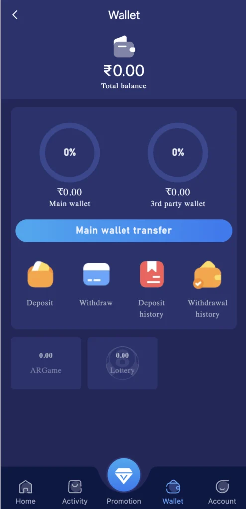 Main/3rd party wallet with Deposit/Withdraw.