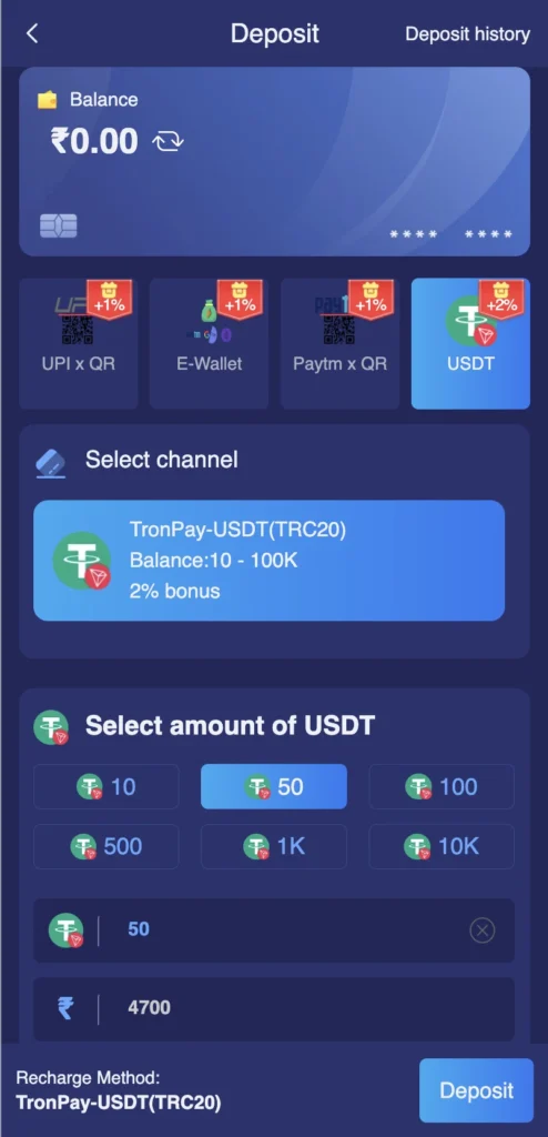 tirange deposit using usdt