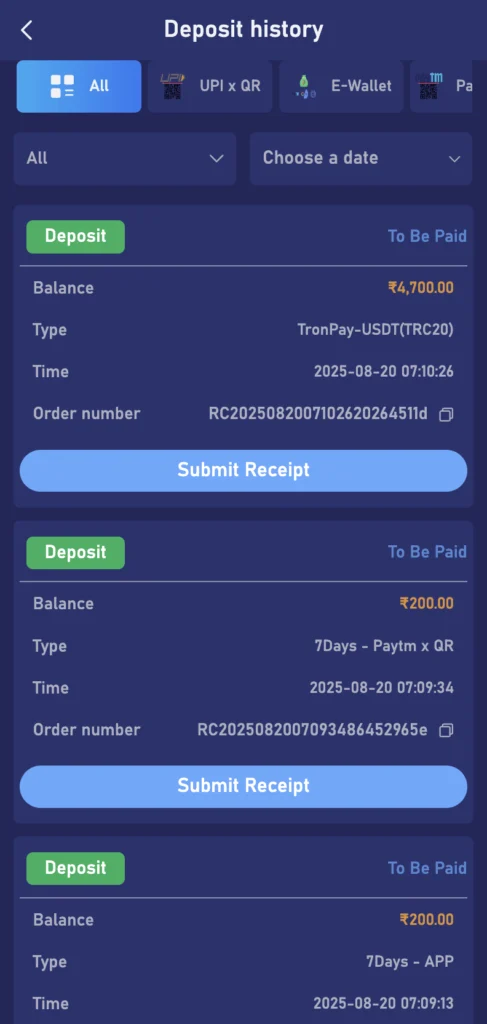 Verify credit in tiranga Deposit history