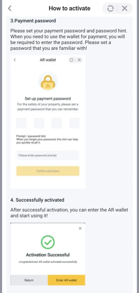 digit AR Wallet payment password and hint.