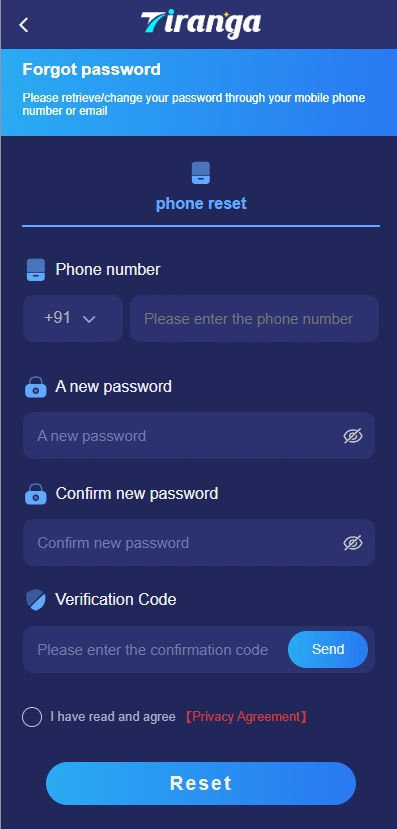 Tiranga Game Login Password Reset